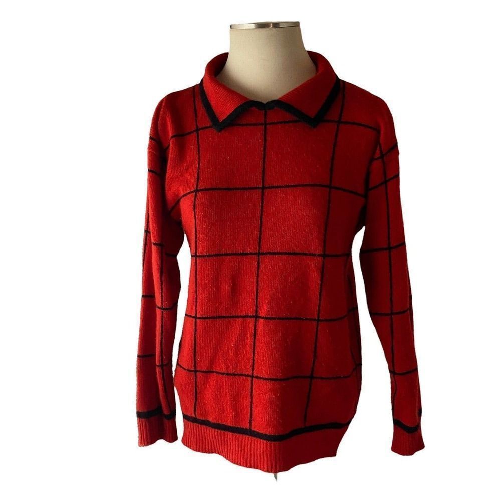 Vintage 100% Cashmere Sweater Red Black Windowpane size Small